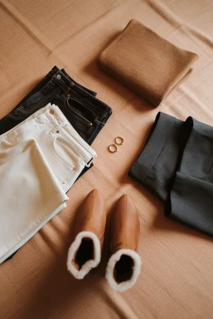 Flat lay of one pair of Uggs surrounded by three coordinating bottoms for capsule outfit planning