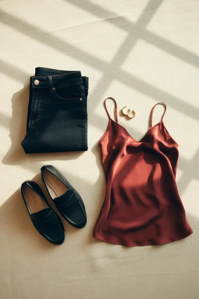 Flat lay of straight-leg jeans, black loafers and a red silk camisole as a first date outfit formula