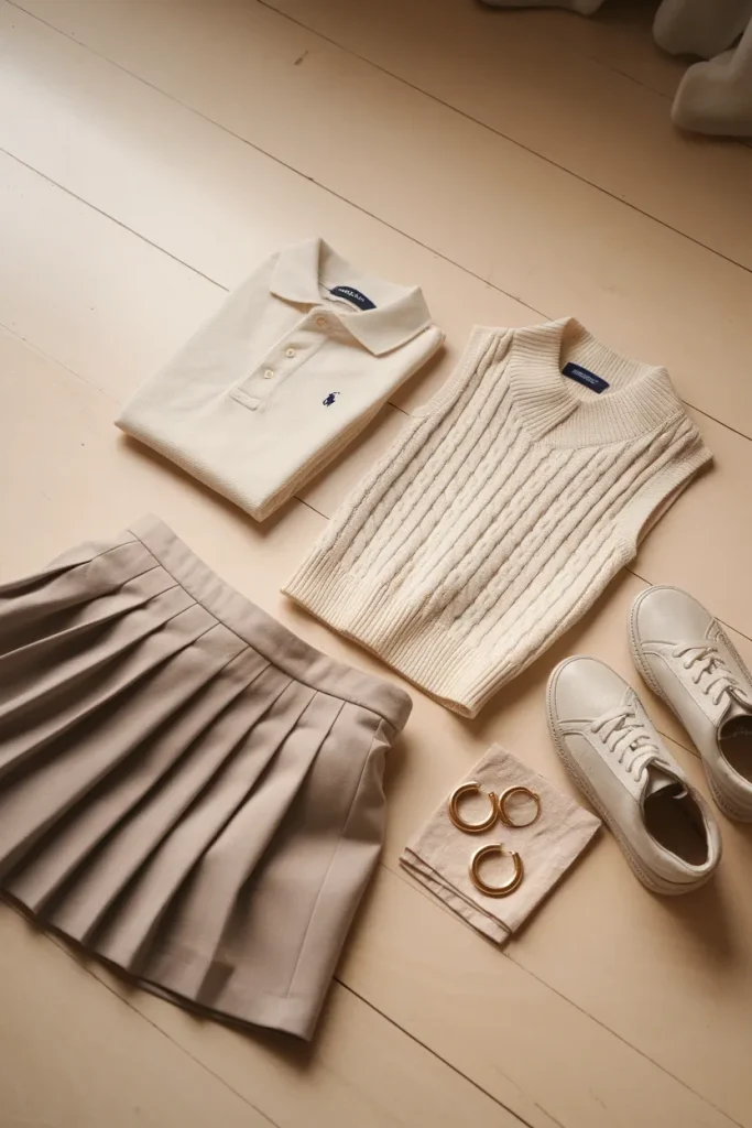 Flat lay of tenniscore essentials including piqué polo, cable-knit vest, pleated skort, and white sneaker