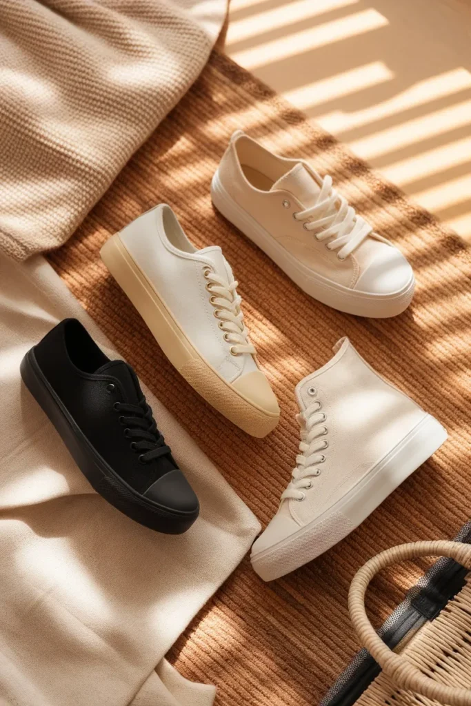 Flat-lay of three Converse styles black low top, cream Chuck 70, white platform