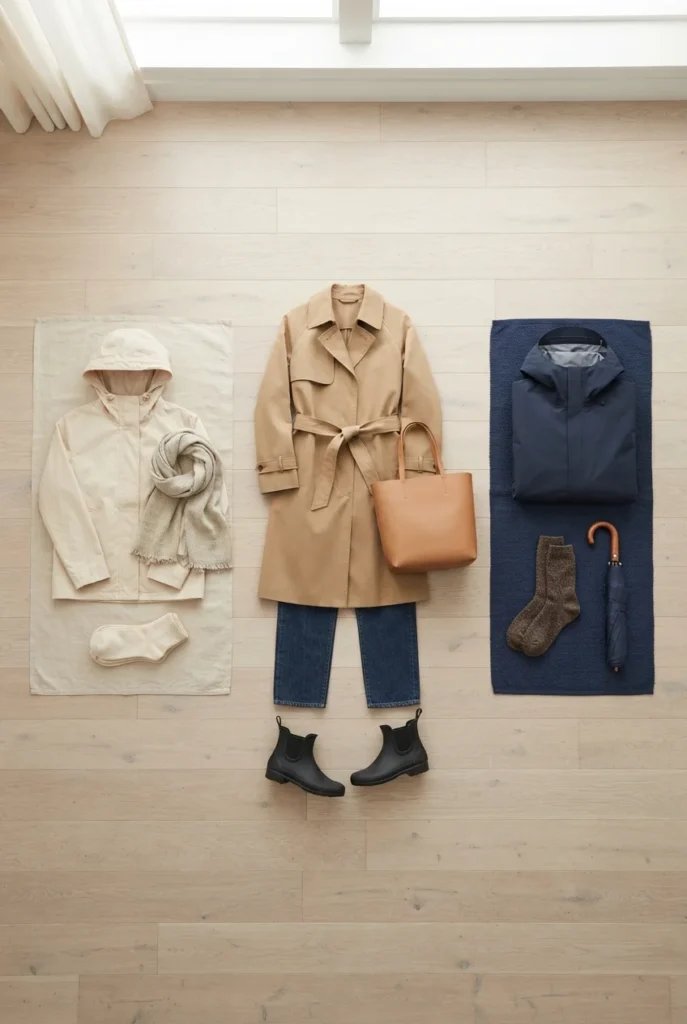 Flat lay of three rainy day outfits arranged by drizzle, steady rain, and downpour.