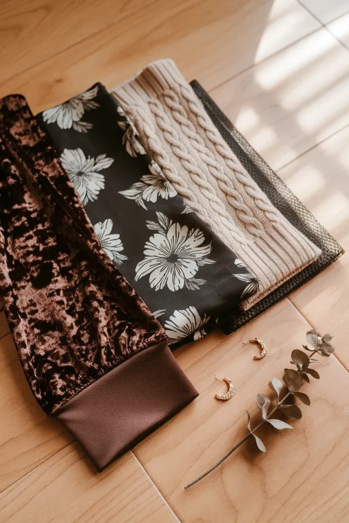 Flat lay of velvet, dark floral rayon, oat knit and black mesh fabrics for a whimsigoth fall wardrobe