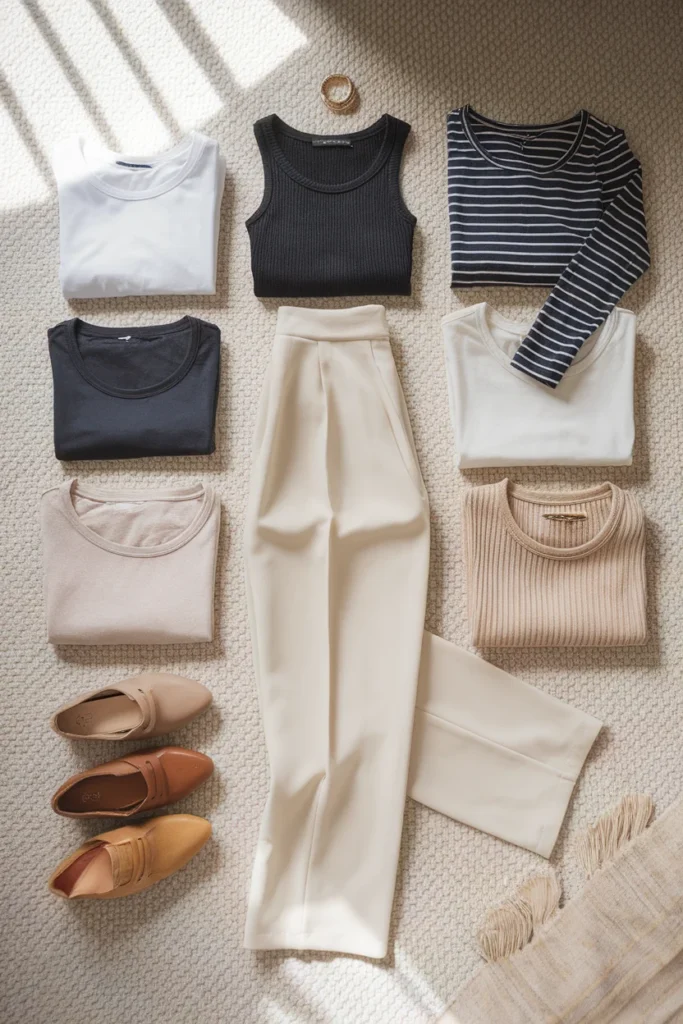 Flat-lay of white wide-leg pants surrounded by five tops and three pairs of shoes for outfit math