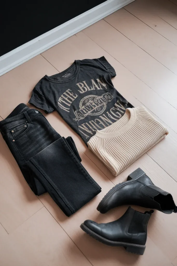 Flat lay showing the 1 loud 2 quiet indie sleaze formula with band tee, black jeans and cream knit