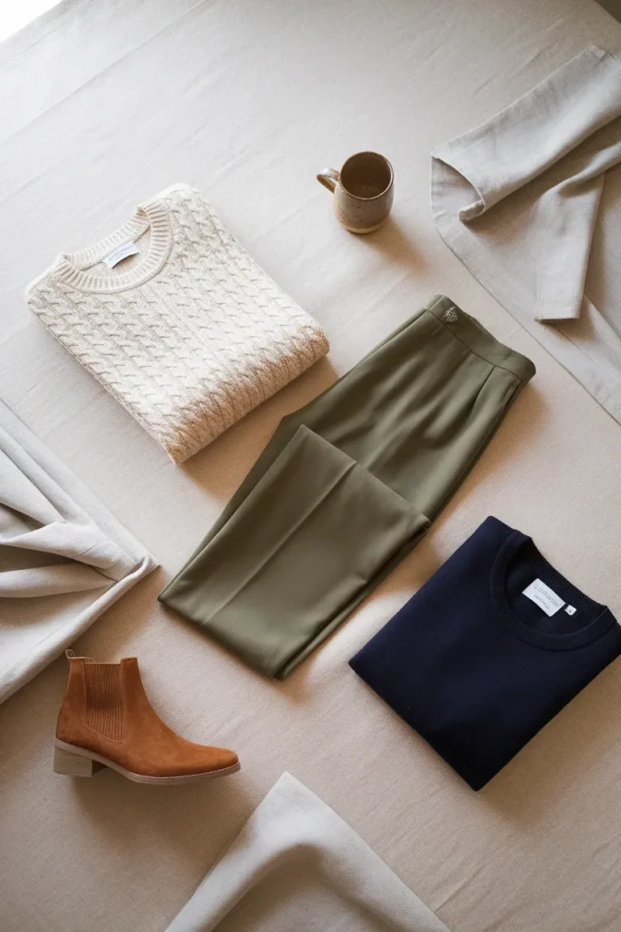 Flat lay showing what colors go with brown boots cream knit, olive trousers, navy sweater, cognac boot