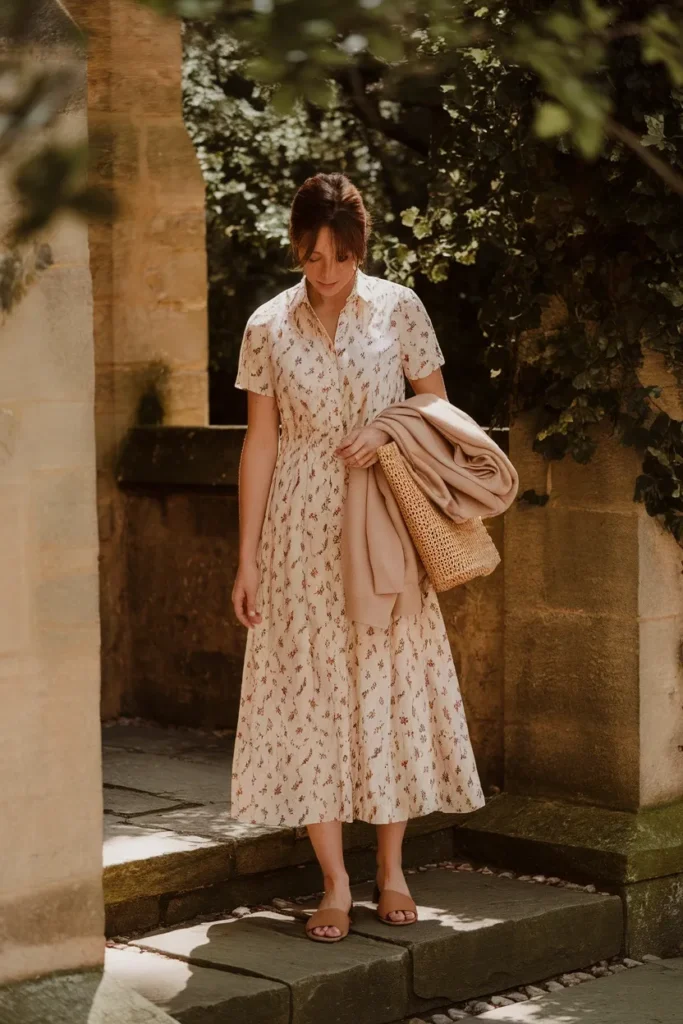 Floral midi shirtdress with a cardigan over the arm, a modest summer church outfit idea