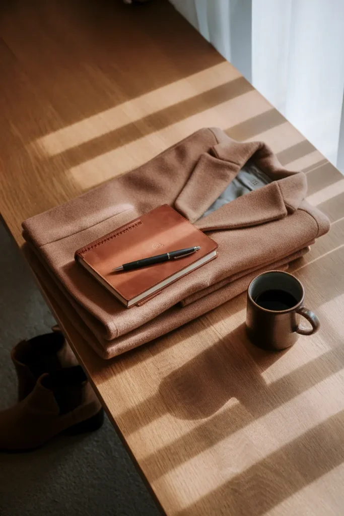 Folded camel wool coat with notebook and coffee, calculating cost per wear for winter 2026