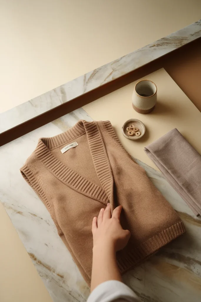 Folded camel wool vest on marble with wooden buttons showing knit texture and fabric weight