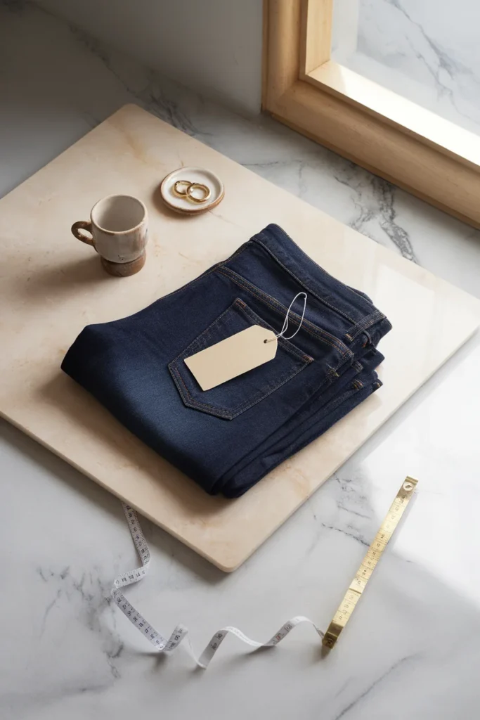 Folded dark indigo mom jeans with a blank tag, espresso cup, and gold hoops