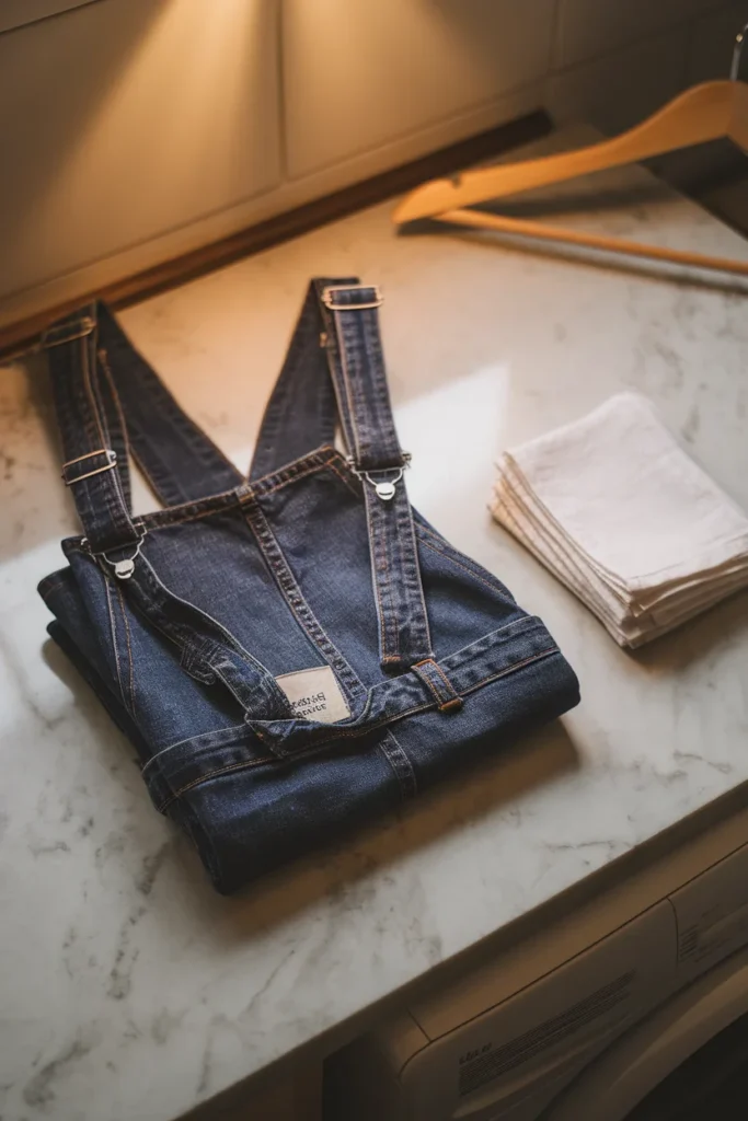 Folded denim overalls with buckles fastened on a marble counter beside a care label