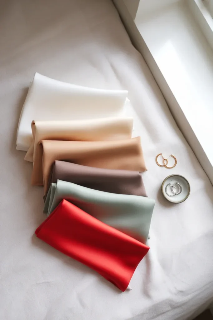 Folded fabric drapes and gold and silver hoops laid out for a DIY color analysis test