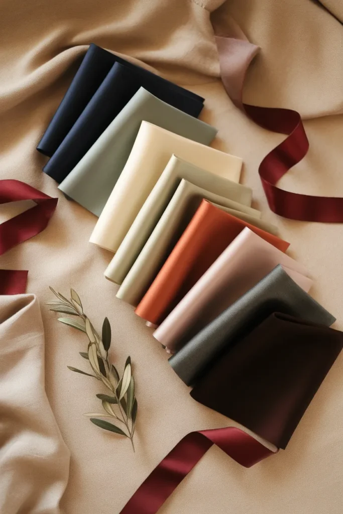 Folded fabric swatches in navy, oat, cream, sage, terracotta and espresso for graduation guest outfit colors.