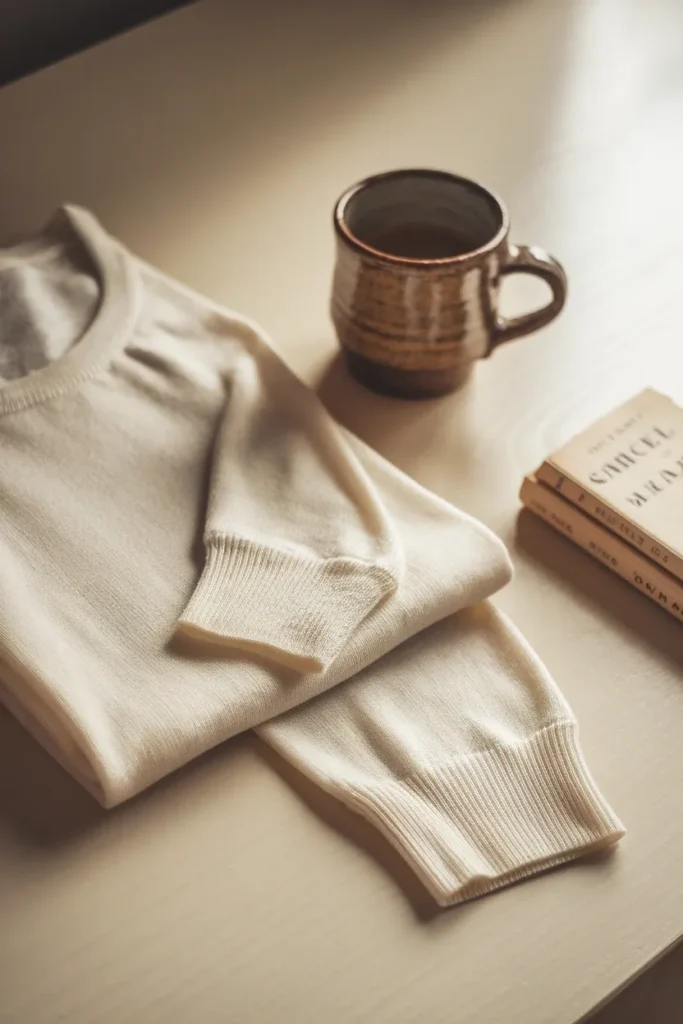 Folded ivory merino long sleeve tee, the best base layer to wear on a plane