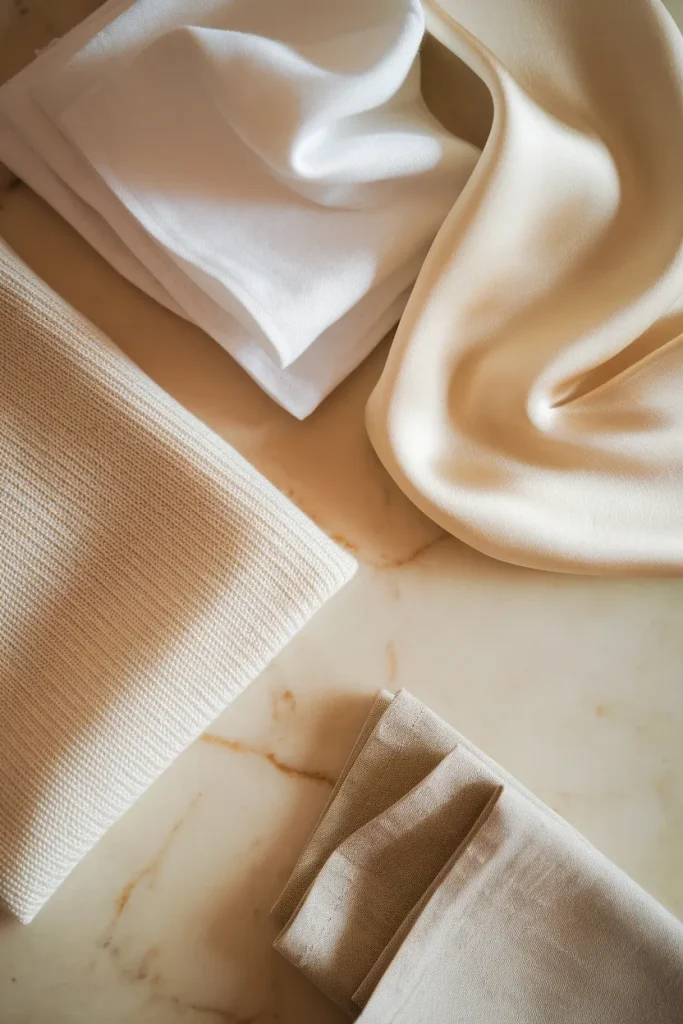 Folded white cotton cream wool and ivory silk showing fabric texture for a neutral capsule wardrobe.