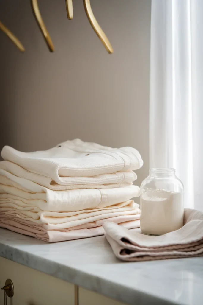 Folded white pants on a marble counter with detergent, showing how to keep white pants white