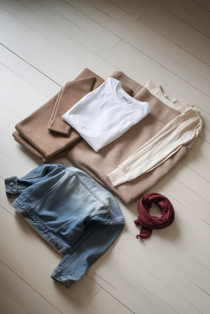 Four denim jacket layering combinations laid out from lightest to heaviest