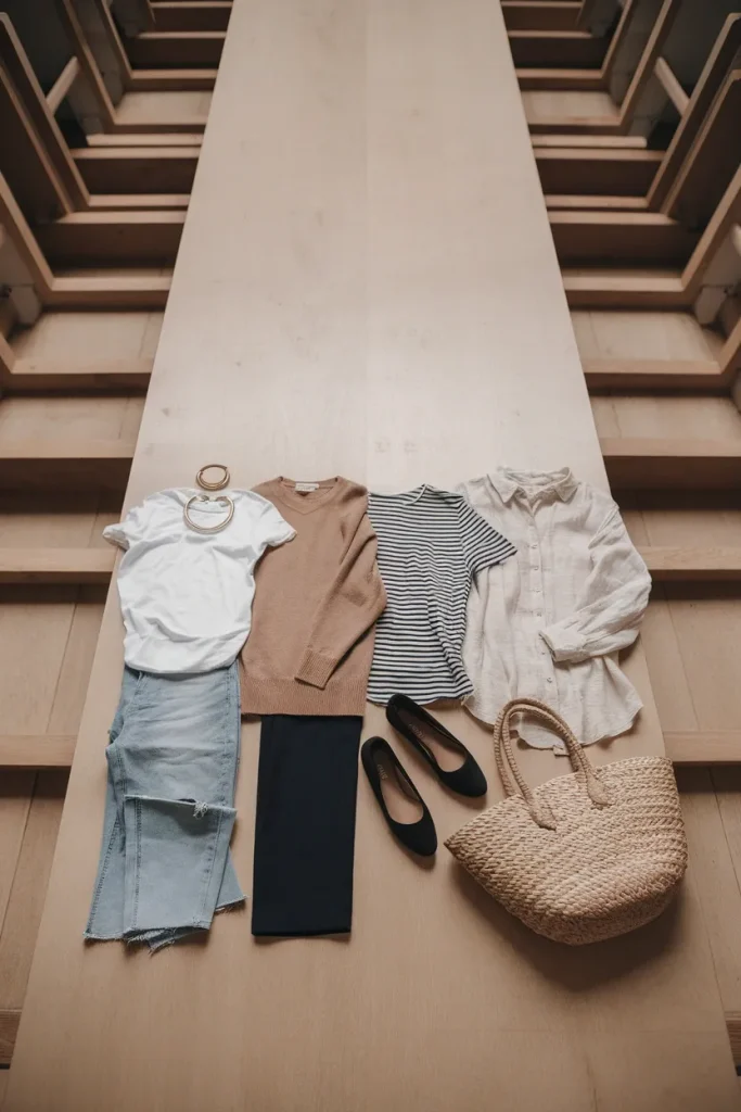 Four flat lay outfits comparing clean girl quiet luxury French girl and coastal grandmother style.