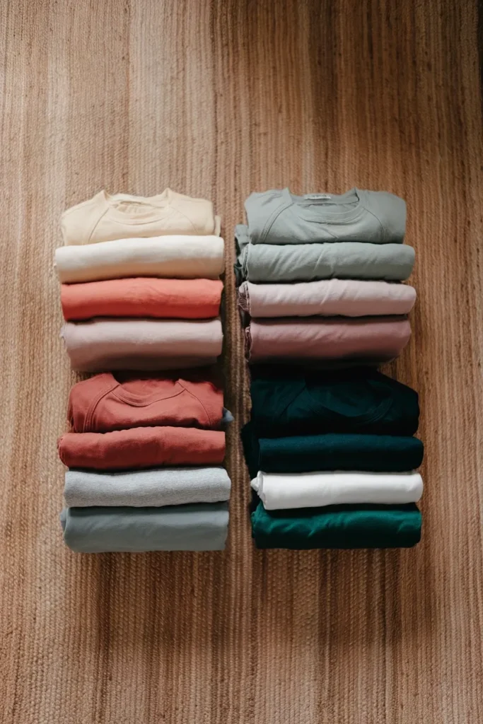 Four folded clothing stacks showing spring, summer, autumn and winter seasonal color palettes.
