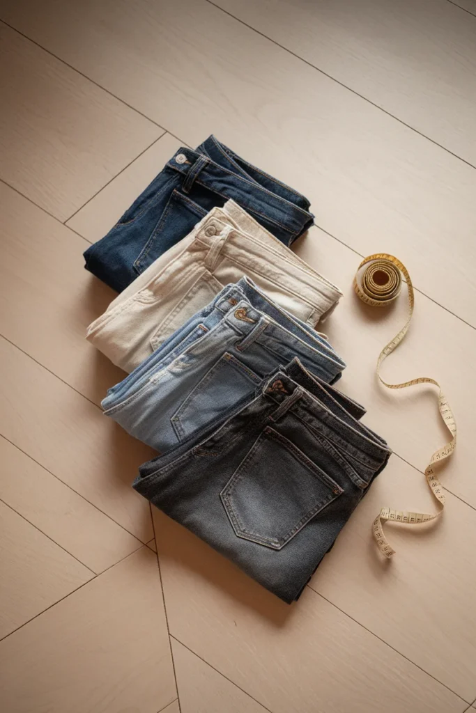Four folded pairs of women's jeans in different washes compared side by side