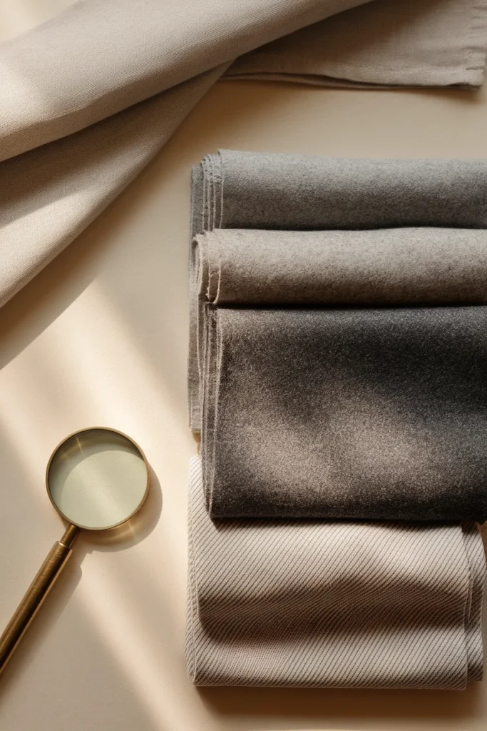 Four grey trouser fabric swatches comparing wool suiting, flannel, ponte knit, and cotton twill