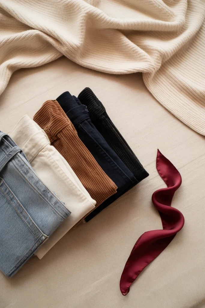 Four overall washes in indigo ecru black and corduroy styled with a cream knit