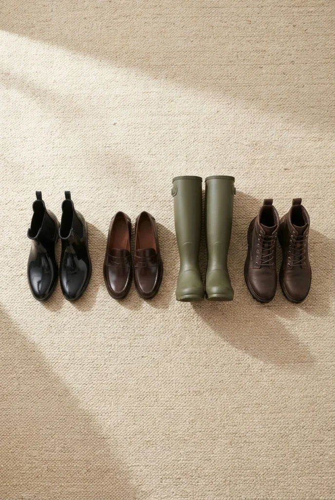 Four pairs of waterproof shoes for rainy days including rubber Chelsea boots and loafers.