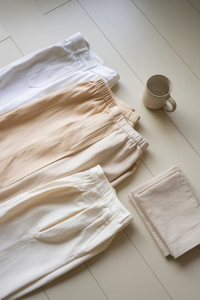 Four shades of white pants folded side by side showing optic white, bone, ecru, and winter white