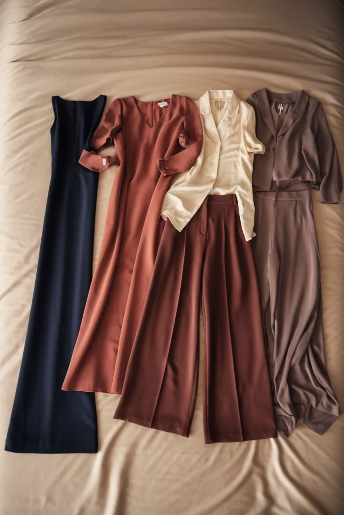 Four wedding guest outfits flat lay including midi dress, trousers and two-piece set. What to Wear to a Wedding