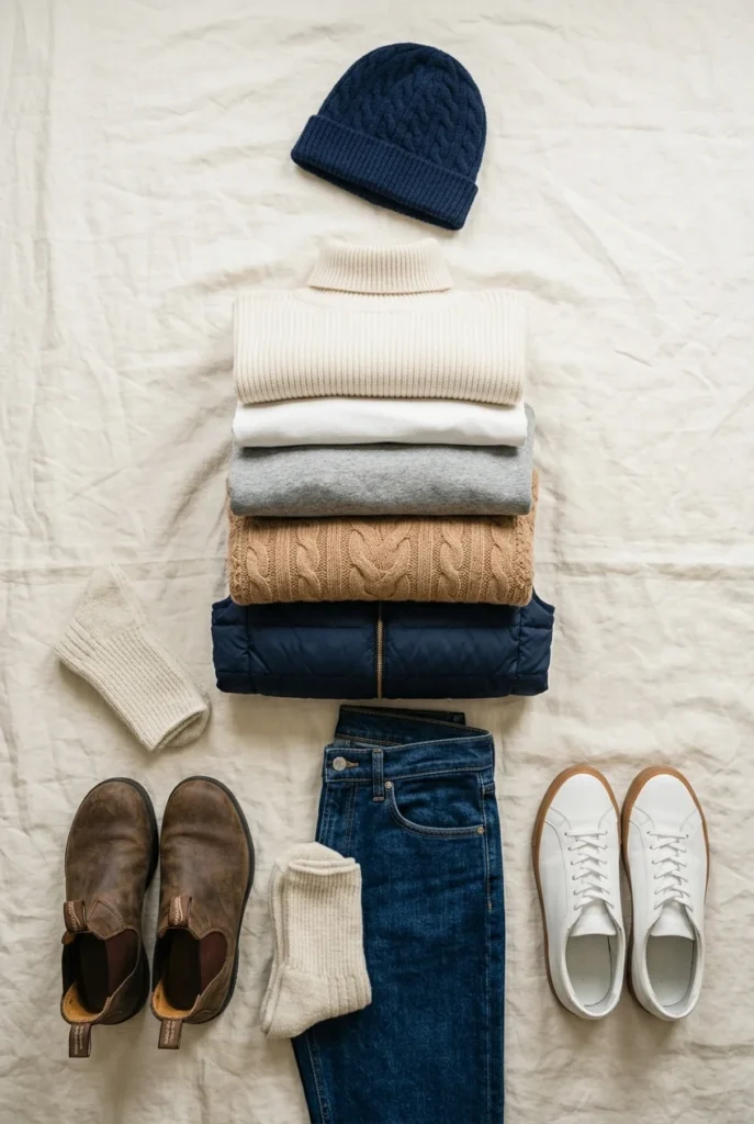 Fourteen piece capsule wardrobe flat lay for building hockey game outfits.