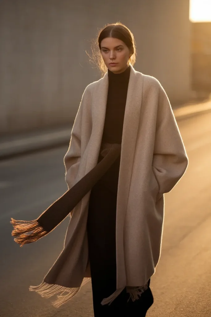 Fringed tassel scarf tied at the hips over an oversized coat, a 2026 scarf styling trend