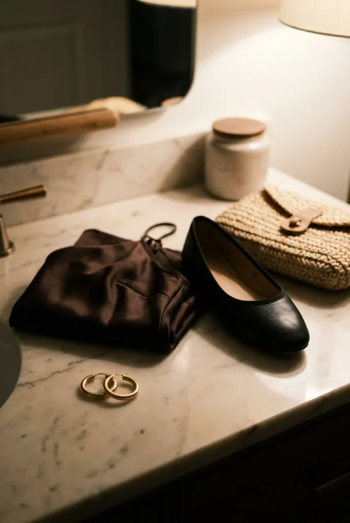 Gold hoop earrings, satin camisole and ballet flat on a marble vanity in warm lamplight