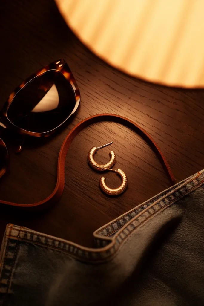 Gold hoops, tortoiseshell sunglasses and cognac leather on dark wood in warm lamplight