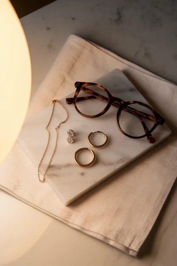 Gold studs, fine chain, and tortoiseshell glasses arranged as headshot accessories on a marble tray.