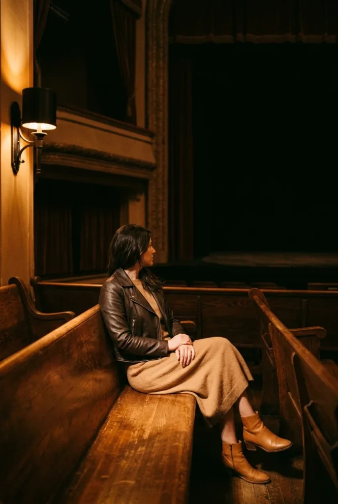 Grand Ole Opry outfit idea, camel midi dress with leather jacket and tan boots