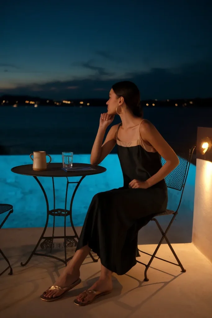 Greek island dinner outfit with black slip dress, gold hoops, and flat sandals