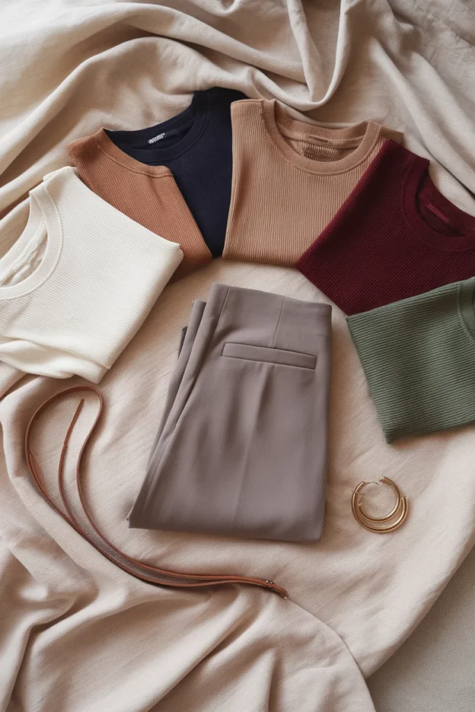 Grey trousers surrounded by ivory, camel, navy, burgundy and sage tops for color pairing