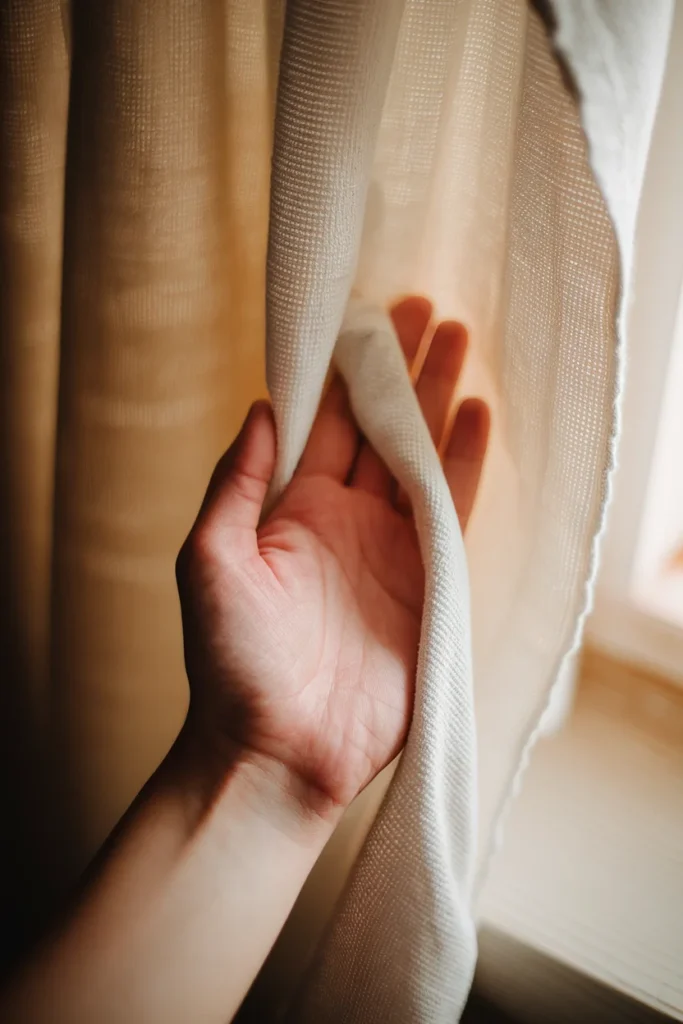 Hand backlit behind white cotton twill fabric showing how to test white pants for sheerness