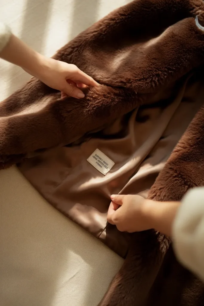 Hands parting faux fur pile to check the fabric backing and fiber content label