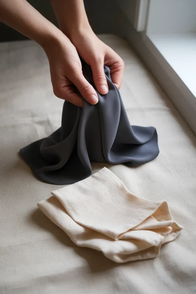 Hands testing wrinkle recovery on wool crepe beside creased linen, a church outfit fabric test