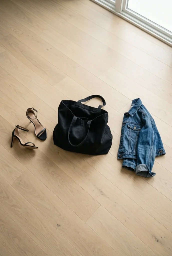 Heels, oversized tote and cropped jacket, what not to wear to a hockey game.
