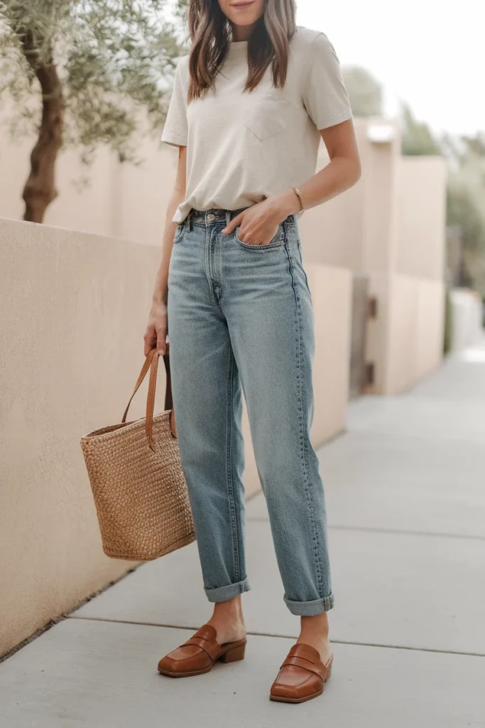 High rise indigo mom jeans styled with a tucked cream tee and brown leather loafers. How to Style Mom Jeans
