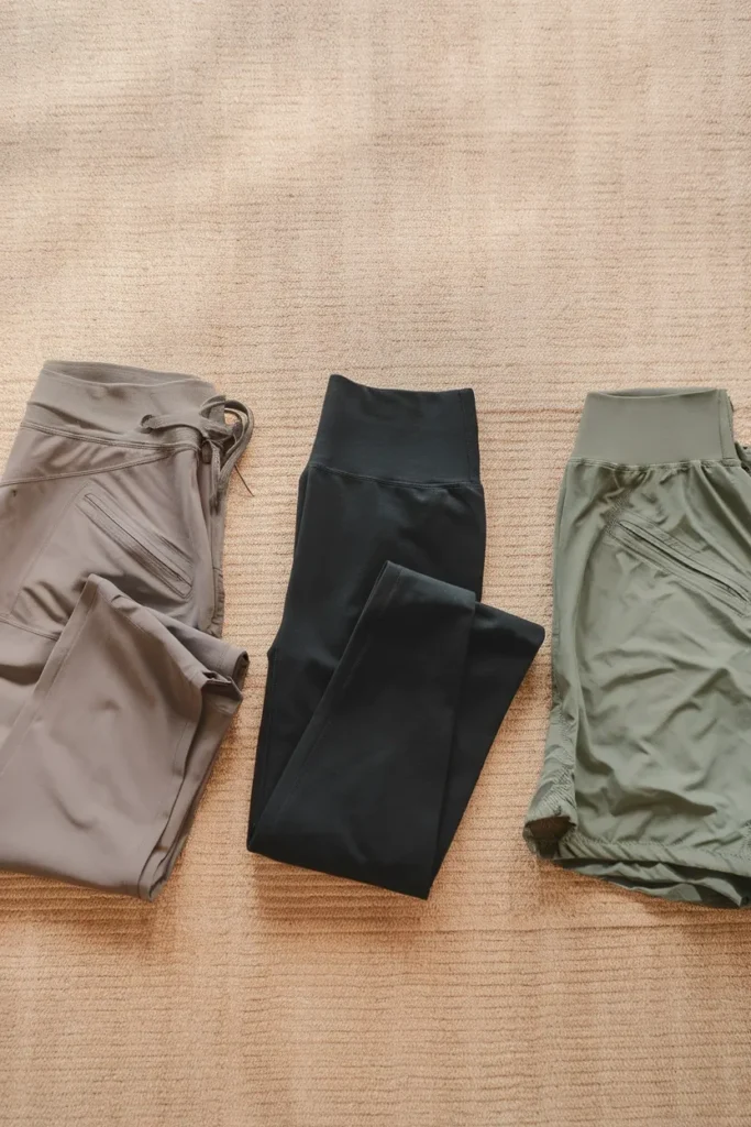 Hiking pants, leggings, and shorts laid flat side by side on a jute rug in neutral tones.