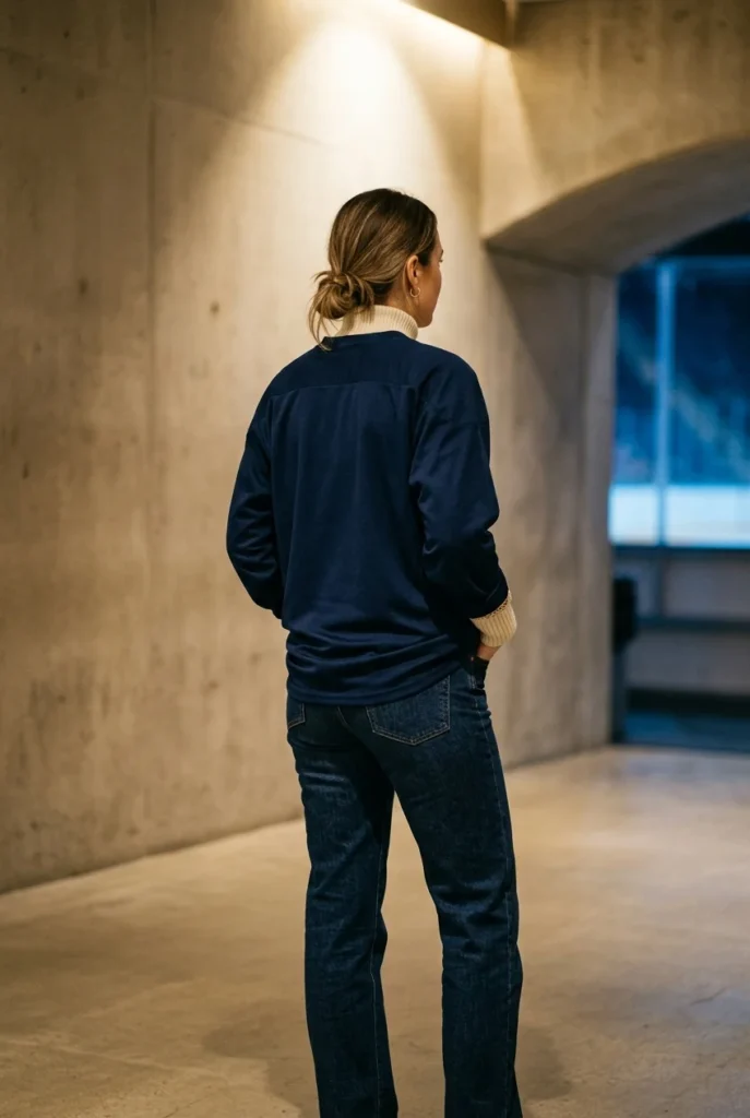 Hockey jersey front tucked into straight leg jeans, styled without looking like a costume.