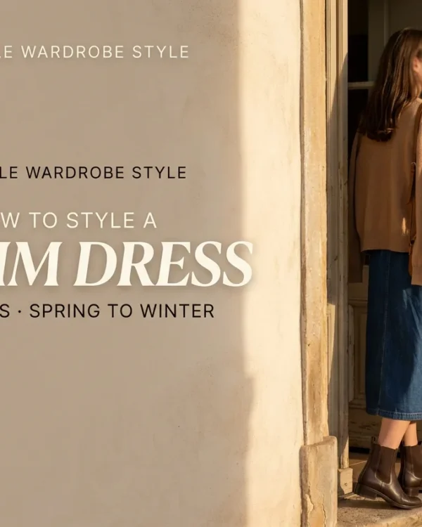 How to style a denim dress with camel cardigan and ankle boots for fall