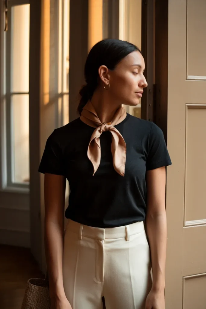 How to style a scarf oat silk scarf knotted at the collarbone over a black tee and cream trousers