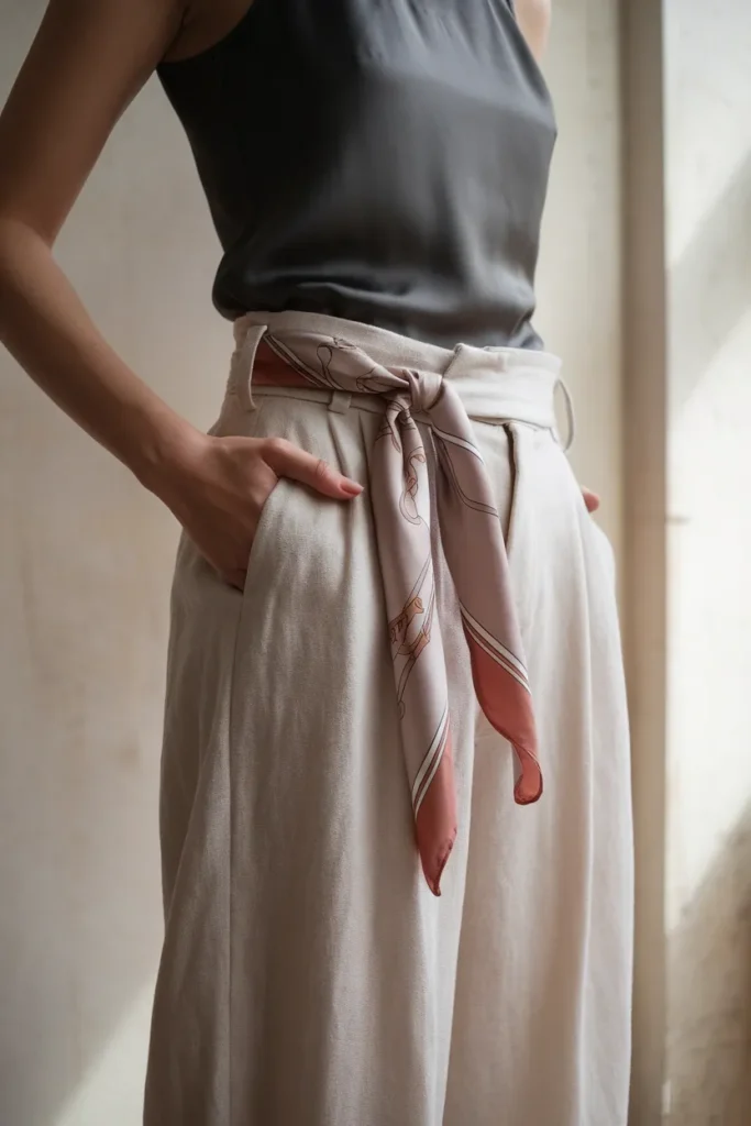 How to wear a scarf as a belt printed silk scarf knotted at the hip over ivory linen trousers