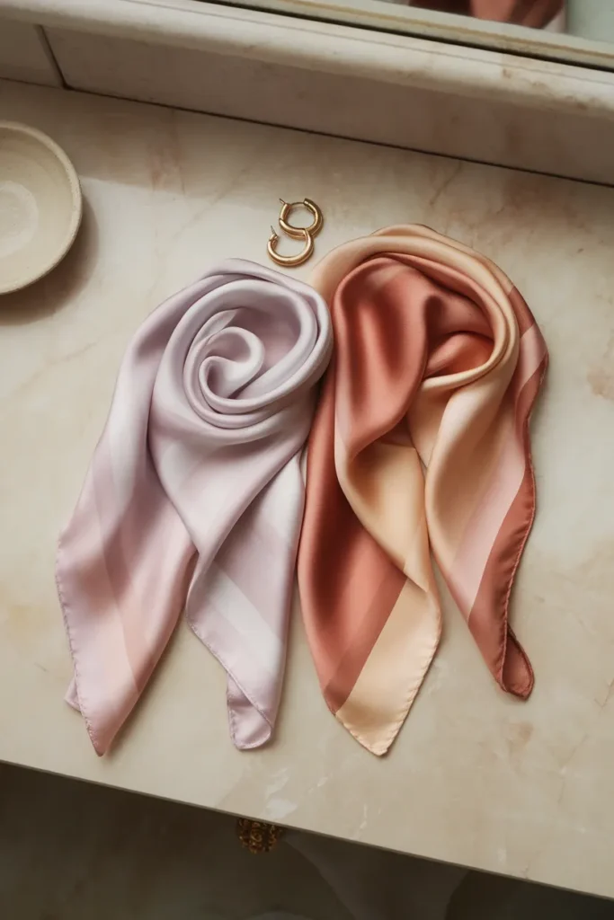 Icy pastel pink scarf beside a warm terracotta scarf showing autumn undertone difference