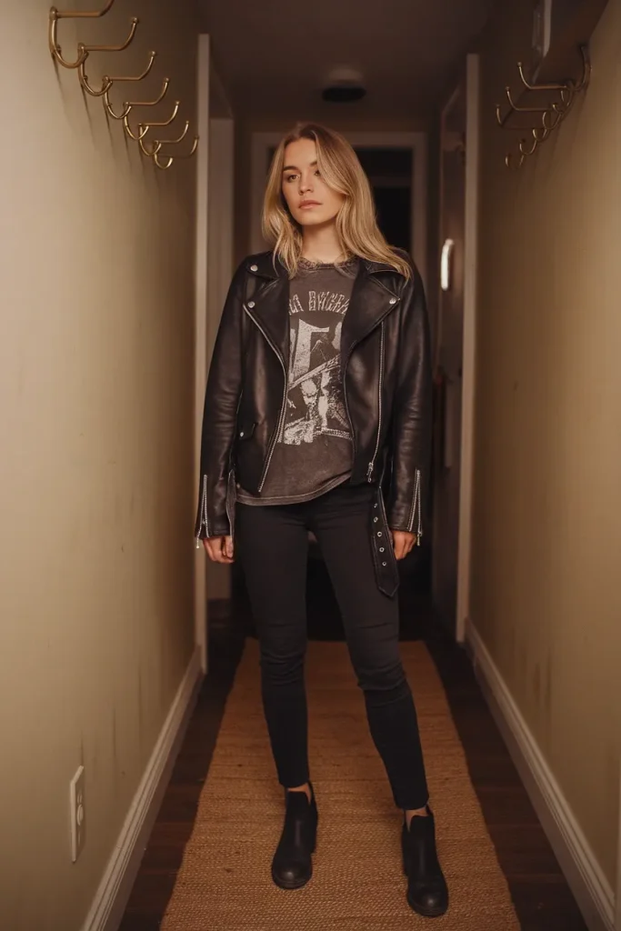 Indie sleaze outfit with black leather jacket, band tee and slim jeans under direct flash