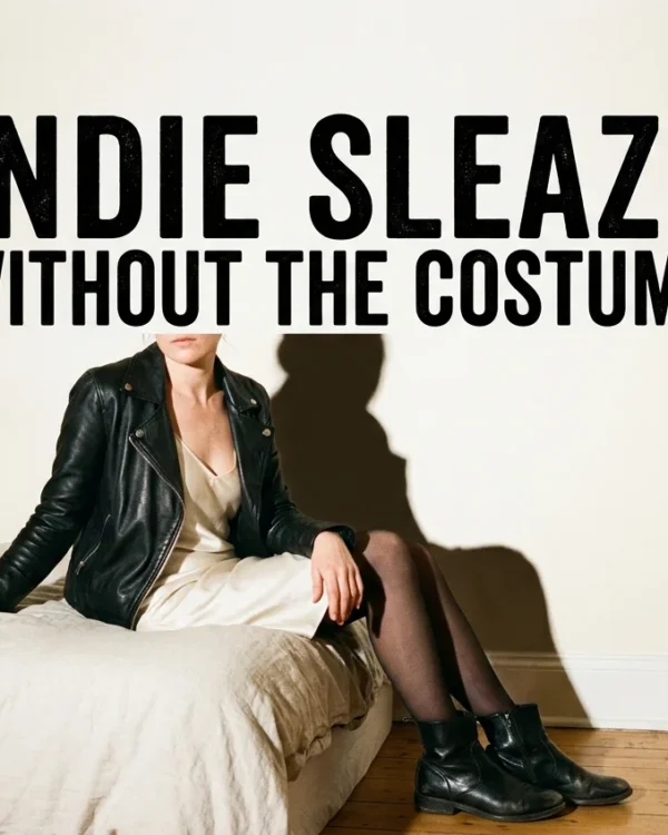 Indie sleaze outfit with black leather jacket, cream slip dress and sheer tights, fall 2026