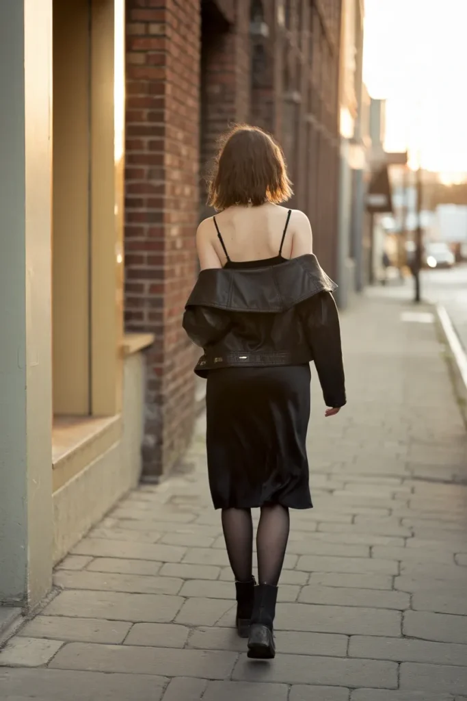 Indie sleaze party outfit with black slip dress, sheer tights and leather jacket at golden hour